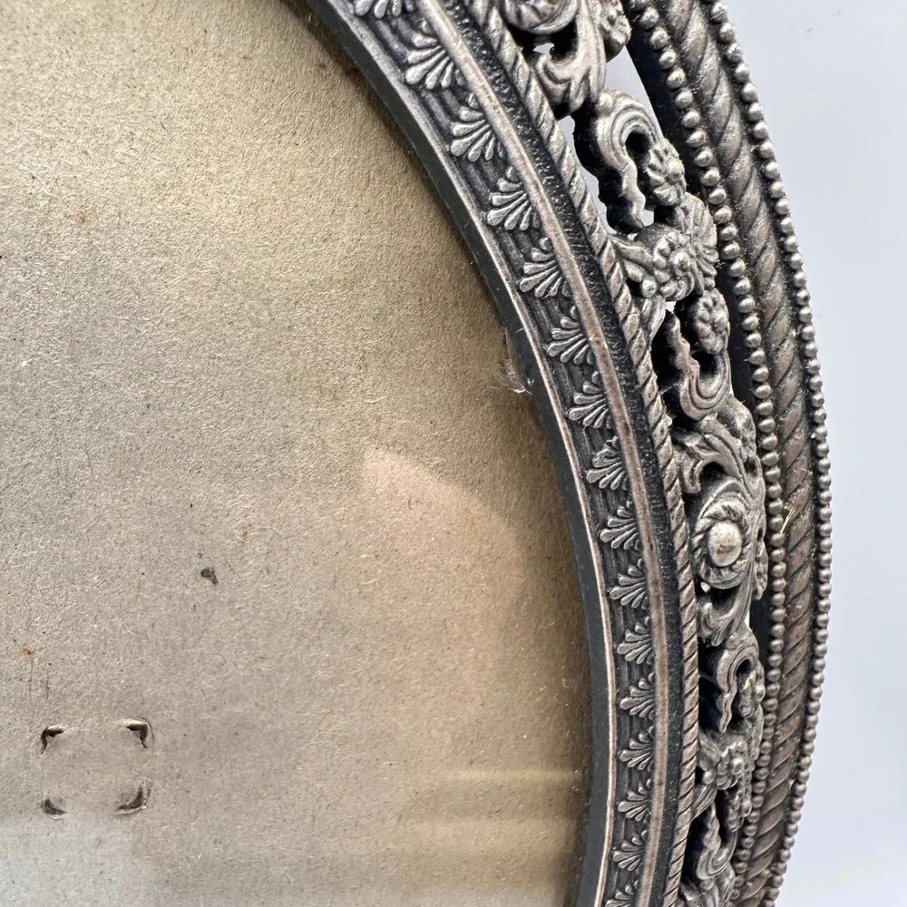 Vintage Ornate Silver Filigree Oval Picture Frame Faux Pearl Accent 9.5 Inch